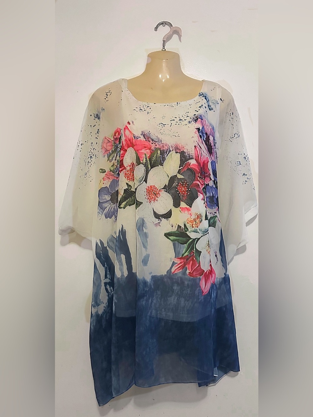 Floral Printed White and Blue Women's Chiffon Top